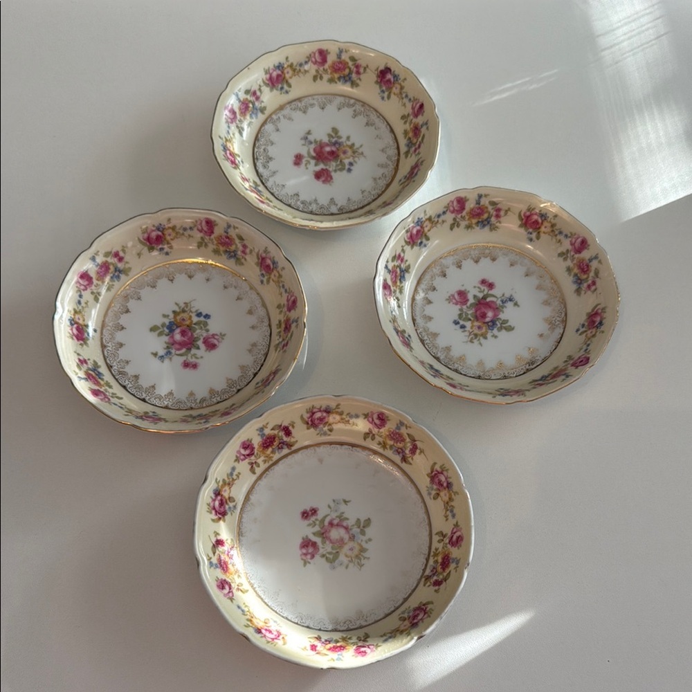 Vintage Gold Castle Japan Floral China Bowls Set of 4 - Cream and Pink